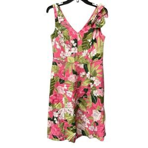 Adrianna Papell Luxe Linen Floral Pink and Green Dress 8